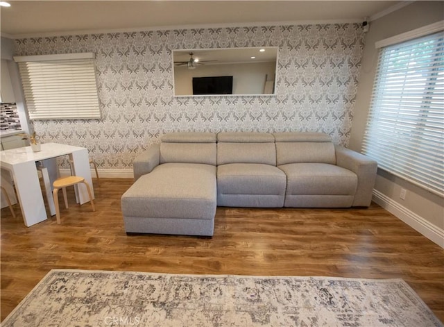 750 Durham St, La Habra, CA 90631 - living room with crown molding, wood finished floors, wallpapered walls, recessed lighting, and a ceiling fan