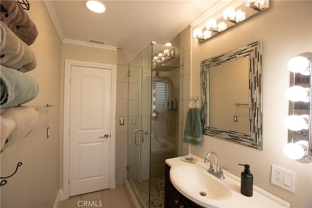 750 Durham St, La Habra, CA 90631 - bathroom with a stall shower, crown molding, vanity, and tile patterned floors