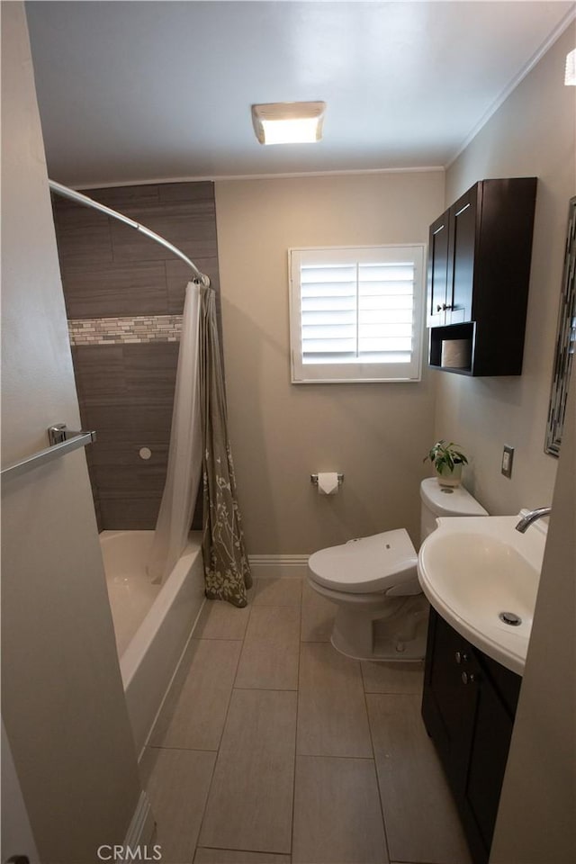750 Durham St, La Habra, CA 90631 - full bathroom featuring vanity, tile patterned floors, shower / tub combo, and ornamental molding