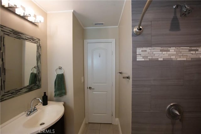 750 Durham St, La Habra, CA 90631 - bathroom with crown molding, tile patterned floors, and a shower