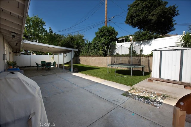 750 Durham St, La Habra, CA 90631 - fenced backyard featuring a trampoline, a shed, a patio area, and grilling area