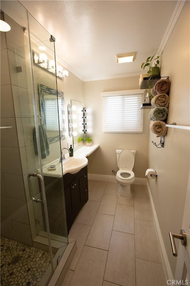 750 Durham St, La Habra, CA 90631 - bathroom featuring vanity, ornamental molding, a shower stall, and tile patterned floors