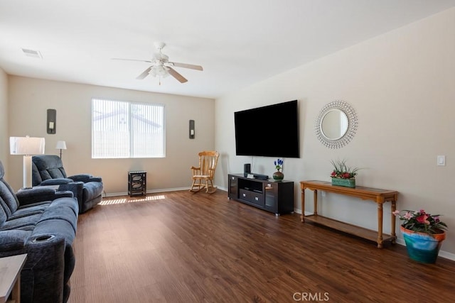 7704 Couples Way, Hemet, CA 92545 - living area featuring a ceiling fan and dark wood finished floors