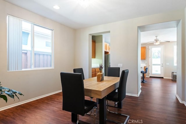 7704 Couples Way, Hemet, CA 92545 - dining area with dark wood-style floors, ceiling fan, and recessed lighting
