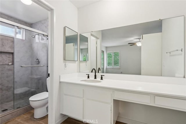 740 Great Bend Dr, Diamond Bar, CA 91765 - full bathroom featuring a shower stall, ceiling fan, and vanity