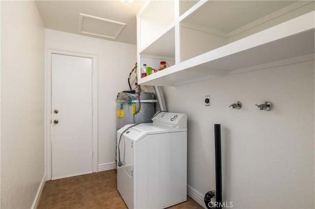 30221 Lands End Pl, Canyon Lake, CA 92587 - laundry room featuring washer / clothes dryer, attic access, strapped water heater, and light carpet