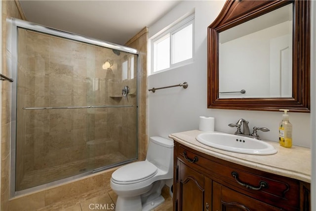 30221 Lands End Pl, Canyon Lake, CA 92587 - bathroom with vanity, a shower stall, and tile patterned floors