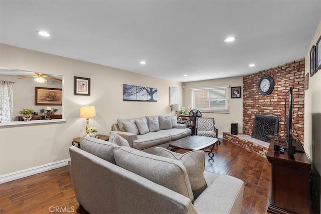10143 Fremont Ave, Montclair, CA 91763 - living area with wood finished floors, recessed lighting, a fireplace, and ceiling fan