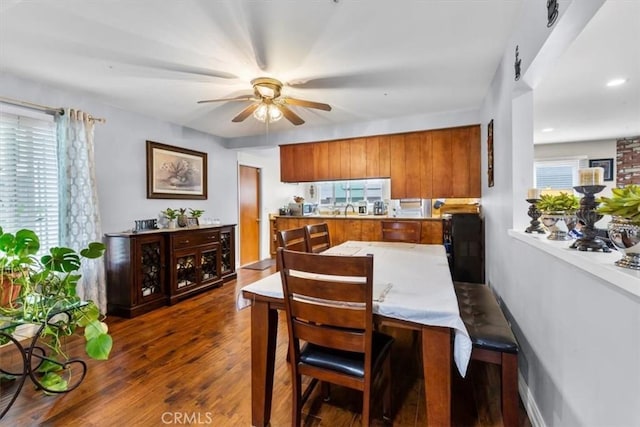 10143 Fremont Ave, Montclair, CA 91763 - dining space featuring ceiling fan, dark wood-type flooring, plenty of natural light, and recessed lighting