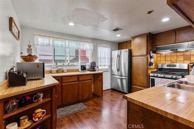 10143 Fremont Ave, Montclair, CA 91763 - kitchen featuring stainless steel appliances, under cabinet range hood, wooden counters, dark wood-type flooring, and decorative backsplash