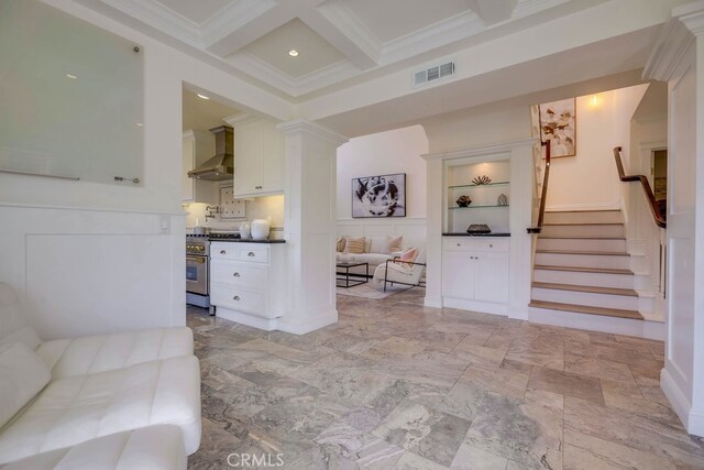 23851 Catamaran Way Unit 1, Laguna Niguel, CA 92677 - living room featuring coffered ceiling, beam ceiling, crown molding, and stairway