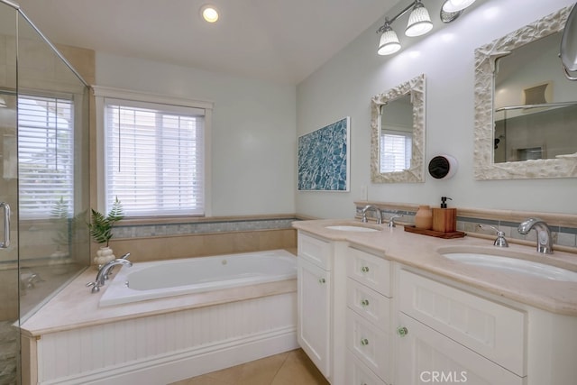 23851 Catamaran Way Unit 1, Laguna Niguel, CA 92677 - bathroom with a bath, a shower stall, double vanity, and tile patterned floors