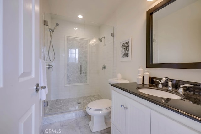 23851 Catamaran Way Unit 1, Laguna Niguel, CA 92677 - full bath with vanity, a shower stall, marble look tiles, and recessed lighting
