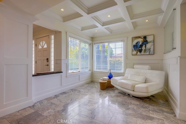 23851 Catamaran Way Unit 1, Laguna Niguel, CA 92677 - living area featuring a decorative wall, beam ceiling, coffered ceiling, wainscoting, and recessed lighting