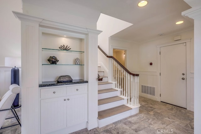 23851 Catamaran Way Unit 1, Laguna Niguel, CA 92677 - entrance foyer with stairway, ornamental molding, recessed lighting, and wainscoting