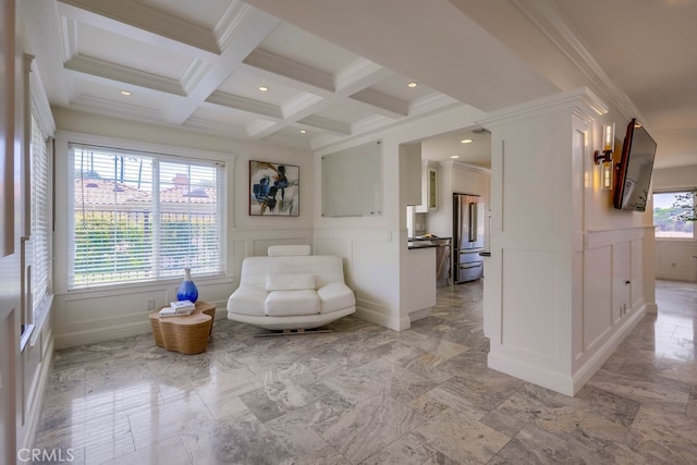 23851 Catamaran Way Unit 1, Laguna Niguel, CA 92677 - sitting room with a decorative wall, beamed ceiling, coffered ceiling, ornamental molding, and recessed lighting