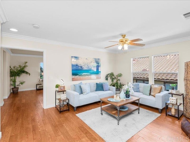 2381 Avenida Helecho, Carlsbad, CA 92009 - living room featuring ornamental molding, a ceiling fan, light wood-style floors, and recessed lighting