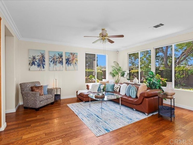 2381 Avenida Helecho, Carlsbad, CA 92009 - living room with wood-type flooring, a ceiling fan, and ornamental molding