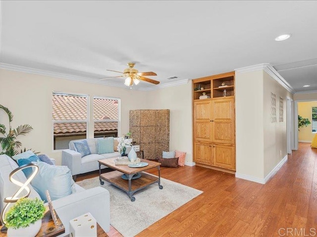 2381 Avenida Helecho, Carlsbad, CA 92009 - living room with ornamental molding, recessed lighting, ceiling fan, and wood finished floors