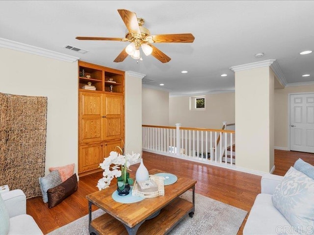2381 Avenida Helecho, Carlsbad, CA 92009 - living room with crown molding, recessed lighting, wood finished floors, and a ceiling fan