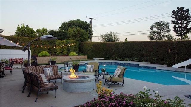 832 Prima Vera Rd, Glendora, CA 91741 - view of pool featuring a fire pit, a water slide, a fenced backyard, and a patio