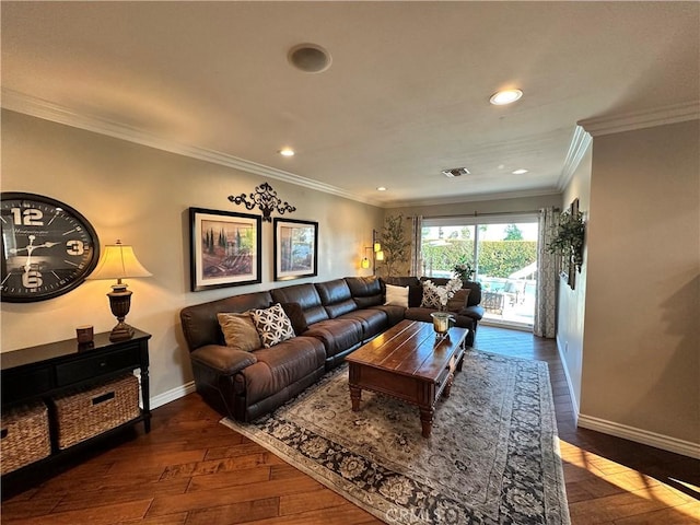 832 Prima Vera Rd, Glendora, CA 91741 - living area featuring dark wood-type flooring, ornamental molding, and recessed lighting