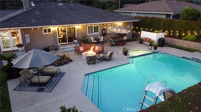 832 Prima Vera Rd, Glendora, CA 91741 - view of pool with a water slide, a fire pit, a patio, an in-ground hot tub, and french doors