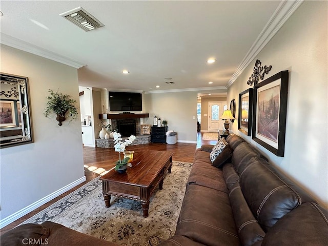 832 Prima Vera Rd, Glendora, CA 91741 - living area featuring wood finished floors, ornamental molding, recessed lighting, and a fireplace