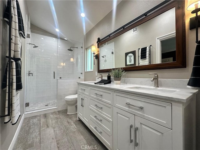 832 Prima Vera Rd, Glendora, CA 91741 - full bath featuring double vanity, a stall shower, wood finished floors, and lofted ceiling
