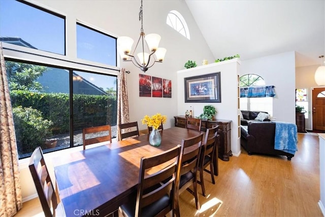 5963 Rio Valle Dr, Bonsall, CA 92003 - dining area featuring high vaulted ceiling, light wood-style floors, and a chandelier