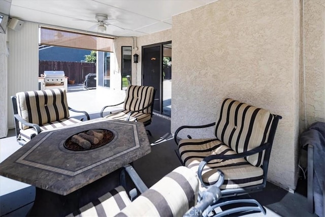 5963 Rio Valle Dr, Bonsall, CA 92003 - view of patio / terrace featuring a ceiling fan, grilling area, and a fire pit