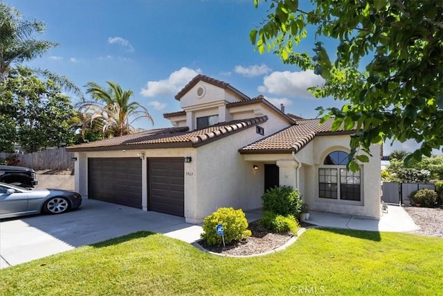 5963 Rio Valle Dr, Bonsall, CA 92003 - mediterranean / spanish-style house featuring driveway, a garage, stucco siding, and a tiled roof