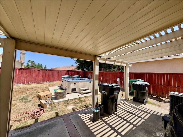 9510 Nickellaus Ct, Corona, CA 92883 - fenced backyard featuring a hot tub, a patio, and a pergola