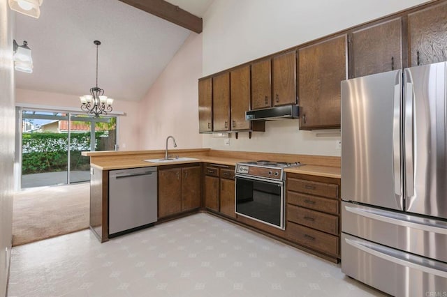 6767 Camino Del Prado, Carlsbad, CA 92011 - kitchen with stainless steel appliances, extractor fan, beam ceiling, light countertops, and high vaulted ceiling