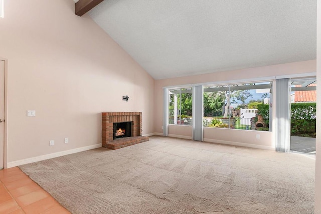 6767 Camino Del Prado, Carlsbad, CA 92011 - unfurnished living room with high vaulted ceiling, beam ceiling, a brick fireplace, and carpet flooring