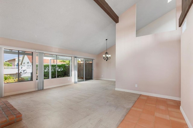 6767 Camino Del Prado, Carlsbad, CA 92011 - spare room with a chandelier, beam ceiling, high vaulted ceiling, tile patterned floors, and carpet