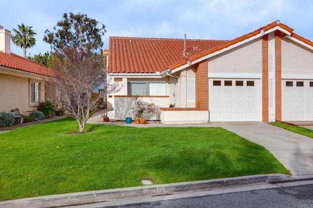 6767 Camino Del Prado, Carlsbad, CA 92011 - view of front of home featuring a tiled roof, concrete driveway, a front lawn, an attached garage, and stucco siding