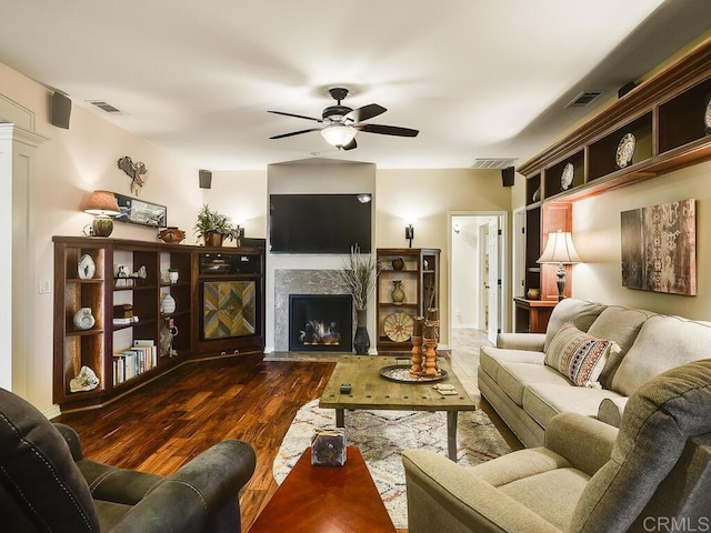 31755 Rancho Vista Rd, Temecula, CA 92592 - living room featuring a ceiling fan, wood finished floors, and a high end fireplace