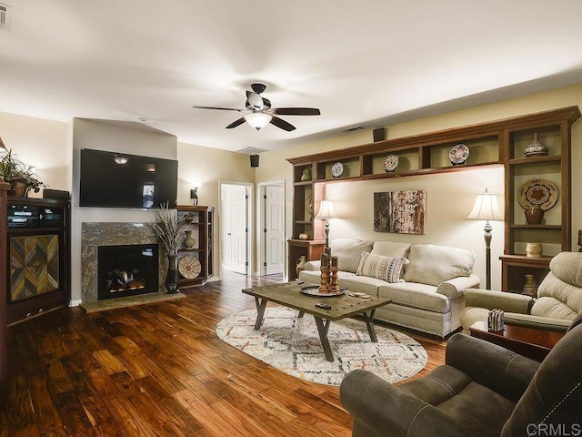 31755 Rancho Vista Rd, Temecula, CA 92592 - living room featuring a ceiling fan, wood finished floors, and a fireplace