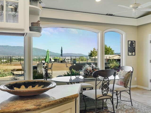 31755 Rancho Vista Rd, Temecula, CA 92592 - dining space with a mountain view, a ceiling fan, and recessed lighting
