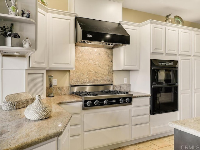 31755 Rancho Vista Rd, Temecula, CA 92592 - kitchen featuring wall chimney range hood, stainless steel gas cooktop, open shelves, and white cabinetry
