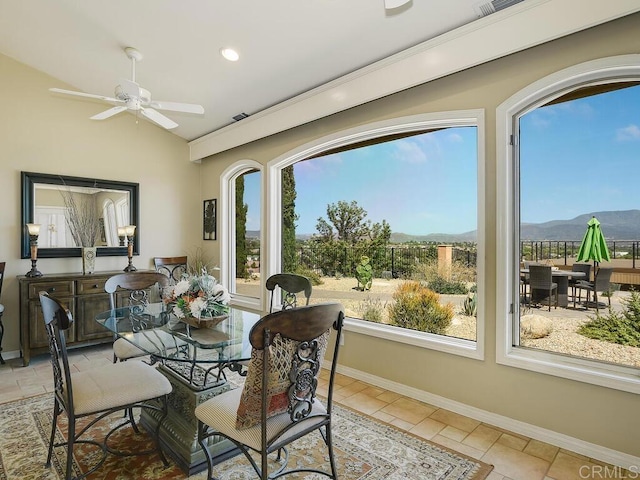 31755 Rancho Vista Rd, Temecula, CA 92592 - dining space with ceiling fan, a mountain view, recessed lighting, and vaulted ceiling