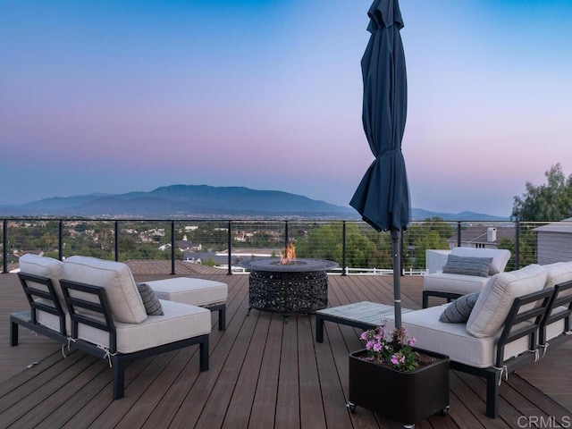 31755 Rancho Vista Rd, Temecula, CA 92592 - wooden terrace featuring a mountain view and an outdoor living space with a fire pit