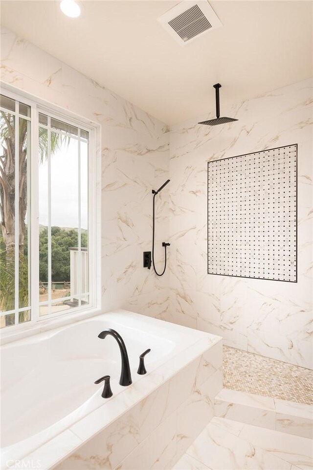 25919 Matlin Rd, Ramona, CA 92065 - bathroom with a bath, a marble finish shower, and marble finish floors