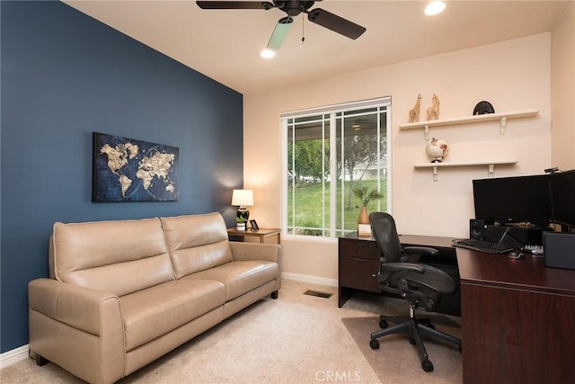 25919 Matlin Rd, Ramona, CA 92065 - home office featuring light carpet, a ceiling fan, and recessed lighting