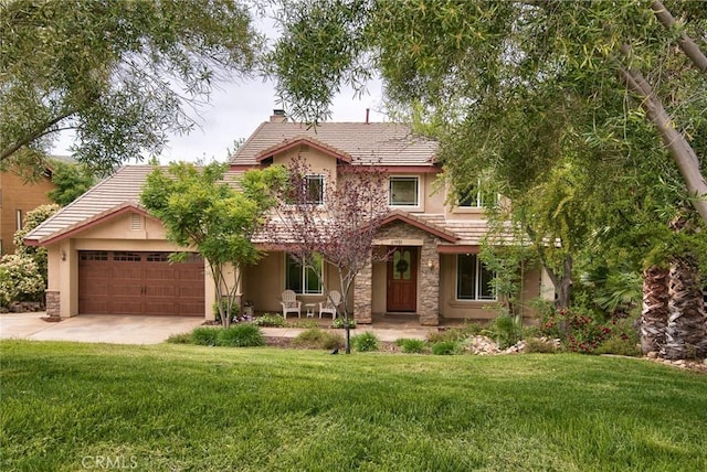 25919 Matlin Rd, Ramona, CA 92065 - view of front facade featuring a tile roof, a garage, stucco siding, driveway, and a front lawn