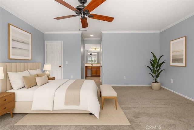 19128 Cedar Dr, Apple Valley, CA 92308 - bedroom with crown molding, carpet, connected bathroom, and a ceiling fan