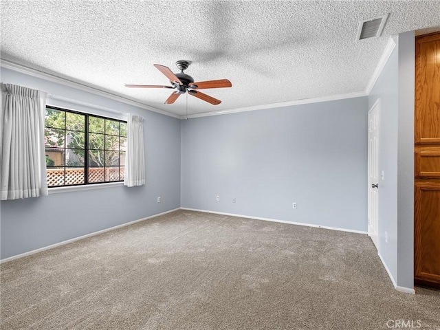 19128 Cedar Dr, Apple Valley, CA 92308 - empty room with ceiling fan, carpet flooring, crown molding, and a textured ceiling