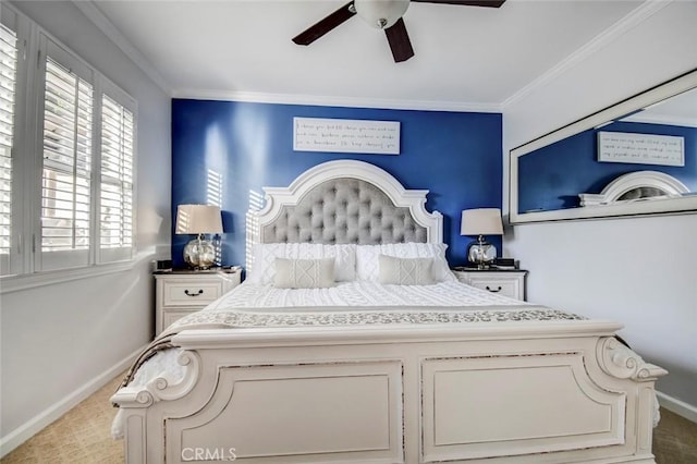 5101 Caspian Cir, Huntington Beach, CA 92649 - bedroom with carpet flooring, multiple windows, crown molding, and ceiling fan