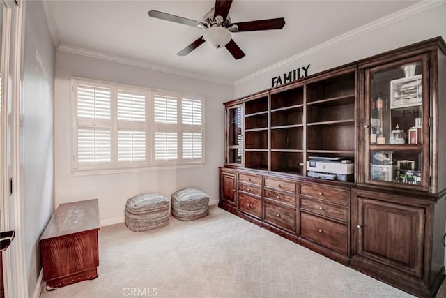5101 Caspian Cir, Huntington Beach, CA 92649 - living area with ceiling fan, carpet floors, and crown molding